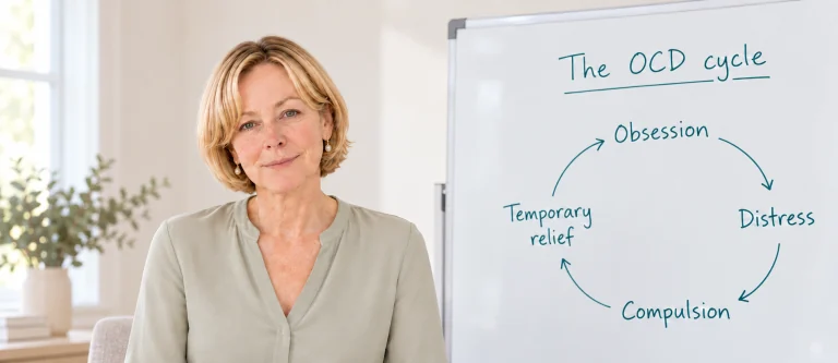 Dr Elaine Ryan beside a whiteboard showing the OCD cycle