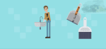 man washing hands with cleaning materials in background