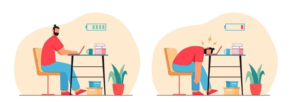 stress response vector showing man slumped over desk with low energy