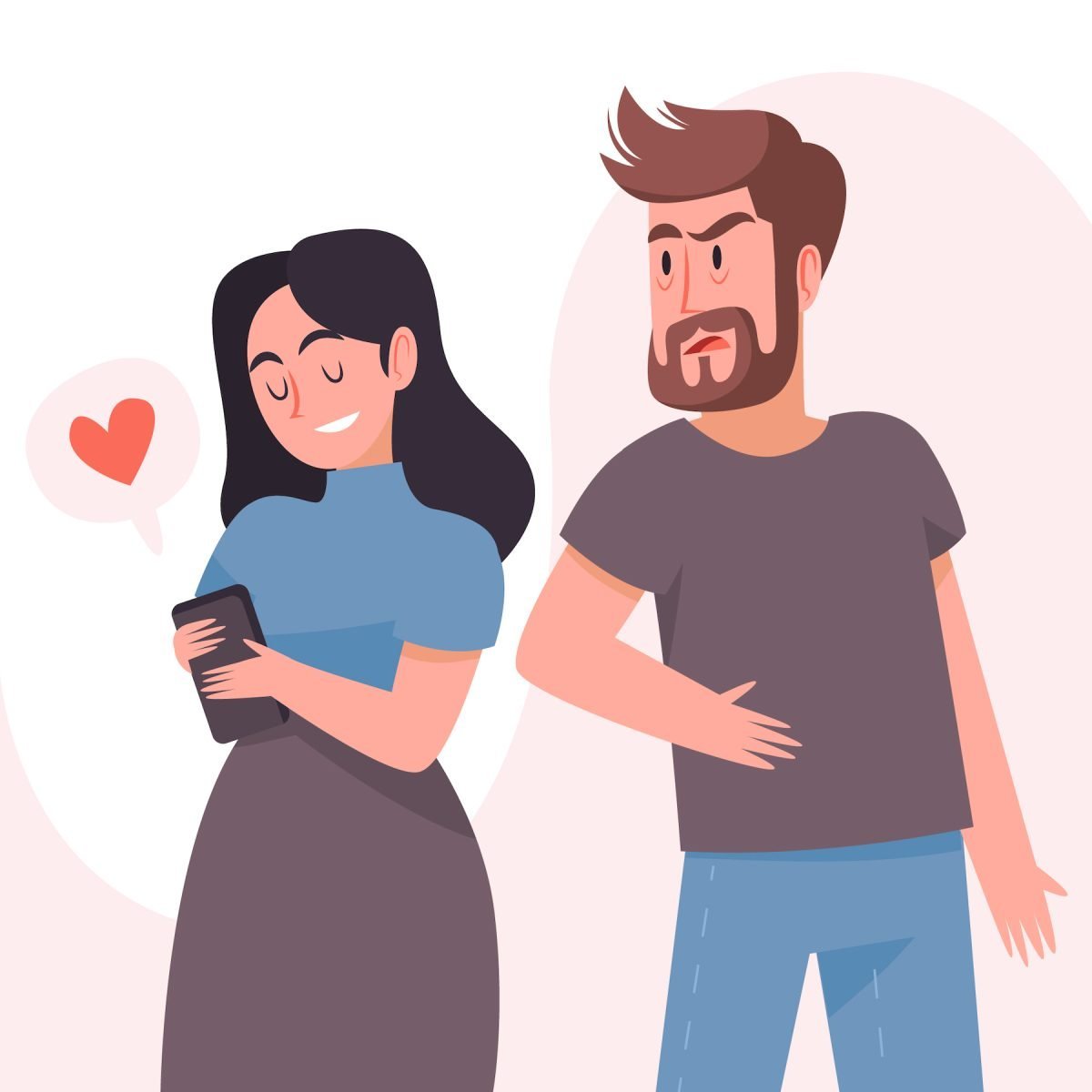 challenges of being in relationship with ROCD, vector image of man looking over partners shoulder texting