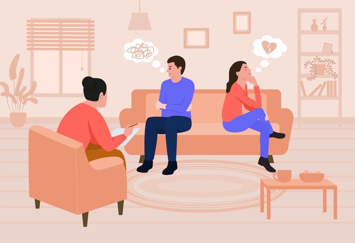 vector image of therapist offering couples counselling to couple sitting opposite
