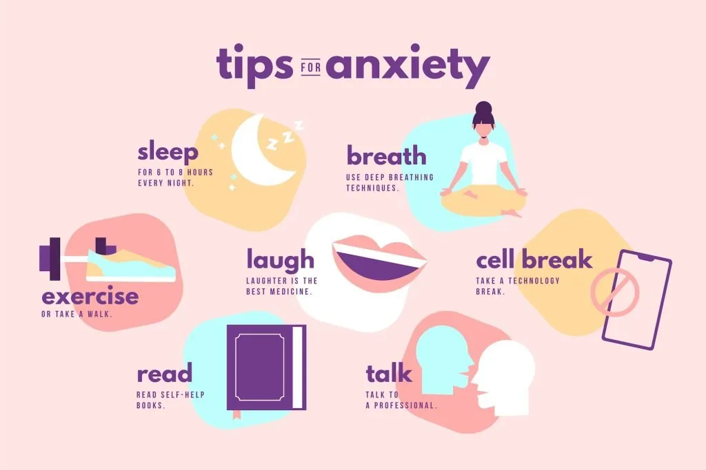 image shows tips with words and images for overcoming anxiety