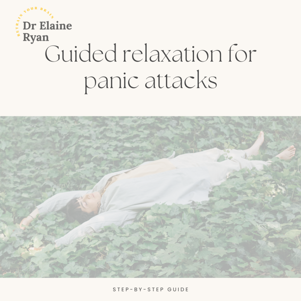 person lying in grad with words guided relaxation for panic attacks and dr Elaine Ryan logo