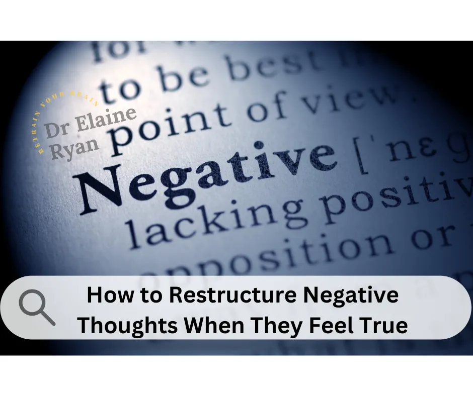 image show word 'neative' highlighted in book with words How to Restructure Negative Thoughts When They Feel True and Dr Elaine Ryan logo