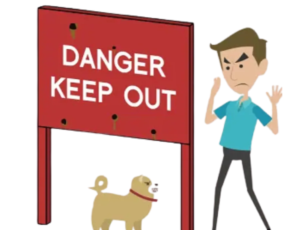danger sign image shows danger sign and dog barking at man