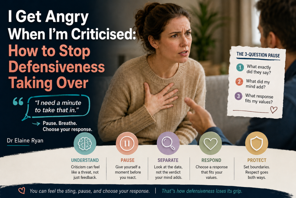 angry when criticised shows a person and words from dr elaine Ryans's article on what to do when this happens