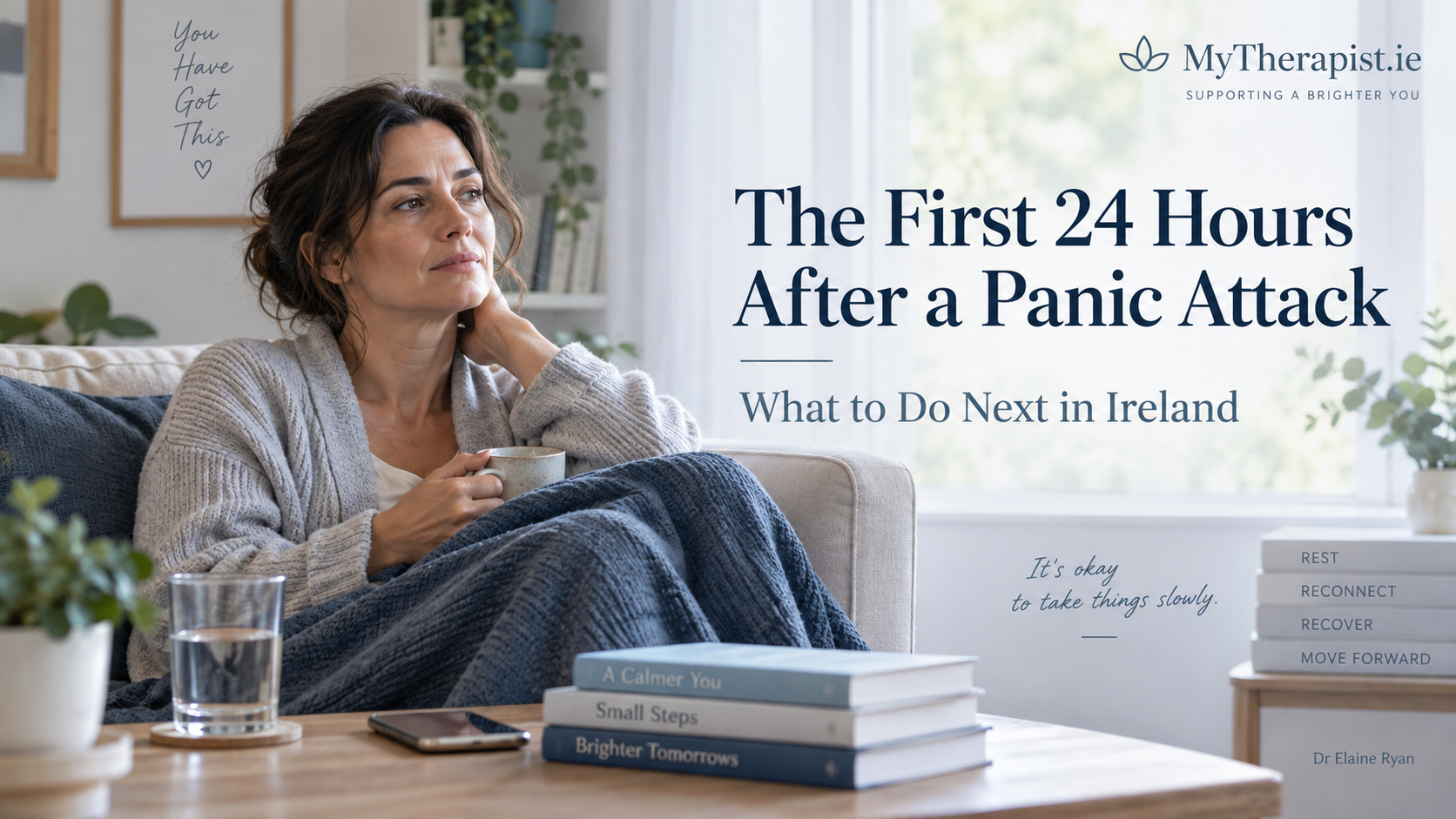 Woman resting at home after a panic attack, illustrating the first 24 hours of panic attack recovery in Ireland.