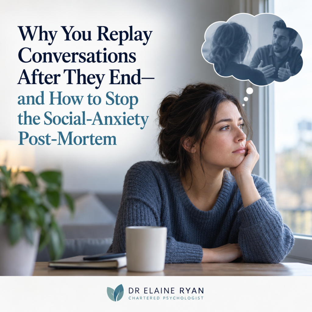 woman sitting thinking with thought bubble showing replay of old conversations 