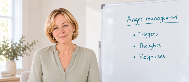 Dr Elaine Ryan beside a whiteboard about anger management