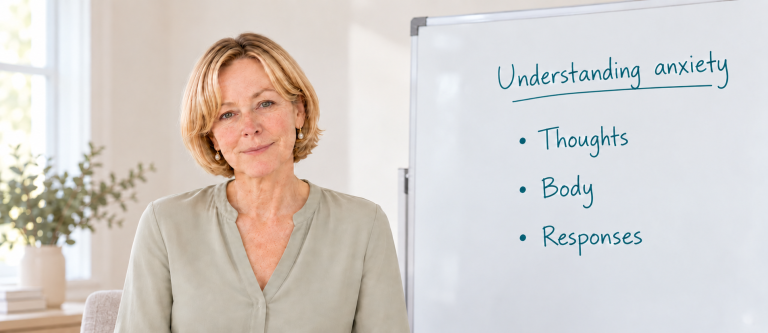 Dr Elaine Ryan beside a whiteboard about anxiety