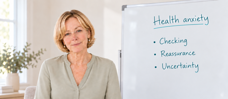 Dr Elaine Ryan beside a whiteboard about health anxiety