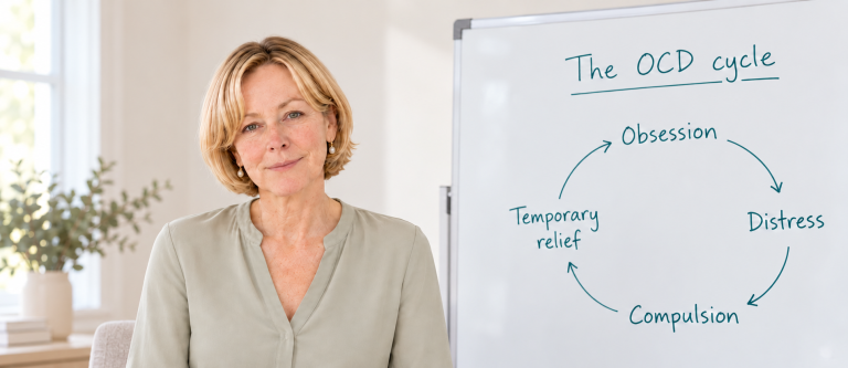 Dr Elaine Ryan beside a whiteboard illustrating the OCD cycle