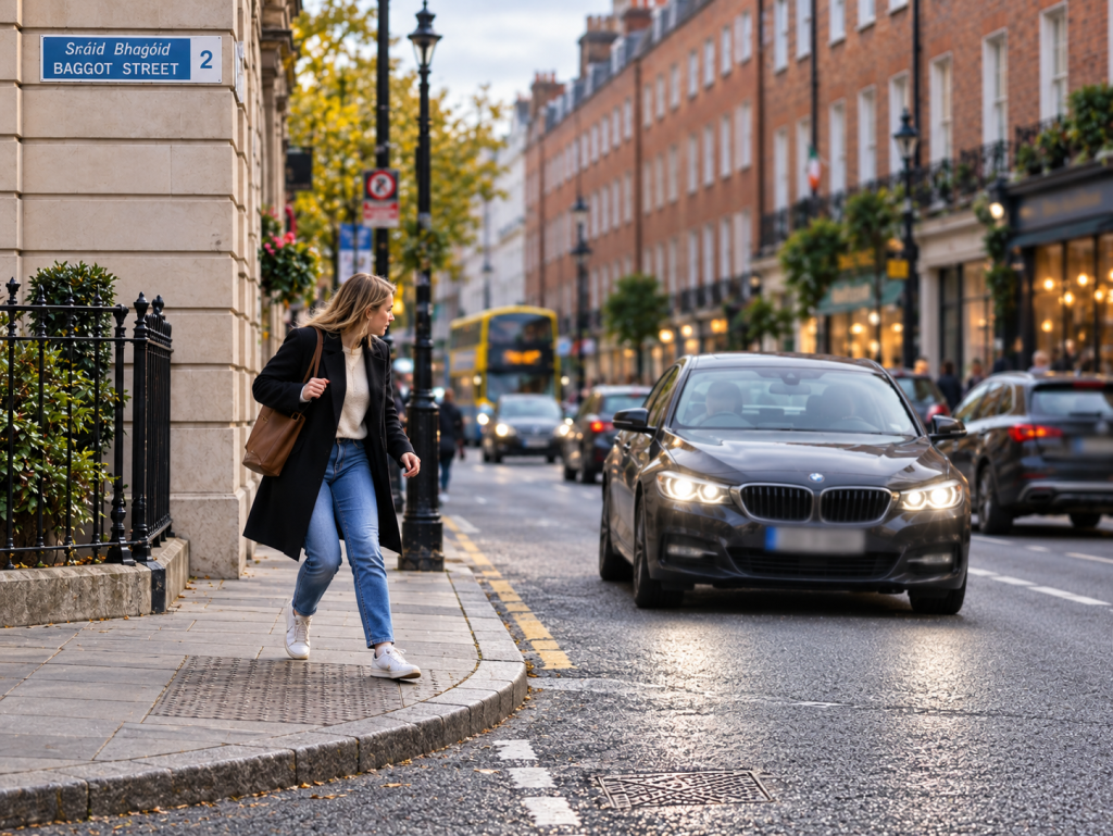 Illustration of a woman stepping back from a kerb as a car approaches on Baggot Street in Dublin